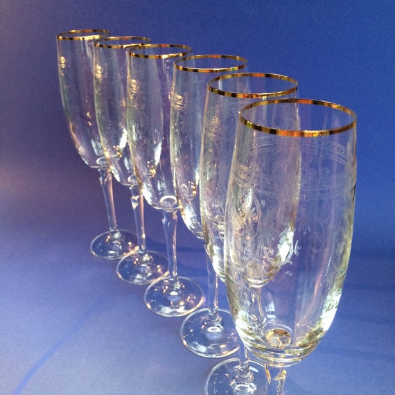 Fostoria Tall Etched Glass Champagne Toasting Flutes Crystal