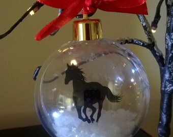Horse Silhouette in the Snow Acrylic Bauble can be personalised