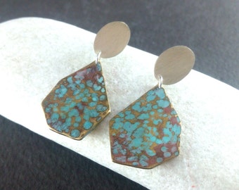 Geometric Earrings, Minimal Earrings, Drop Earrings, Brass Earrings, Mixed Metal Earrings, Gift for Her, Green Earrings, Anniversary Gift