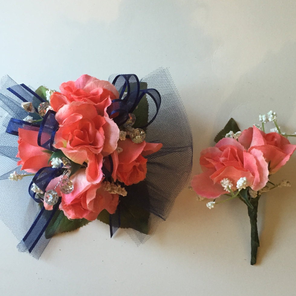 Coral Wrist Corsage Prom Corsage Formal Corsage Navy And