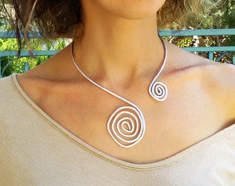 Statement necklace, Costume Wrapped necklace, Silver Necklace For Women, Open adjustable necklace, Wedding necklace, Bridesmaid necklace.