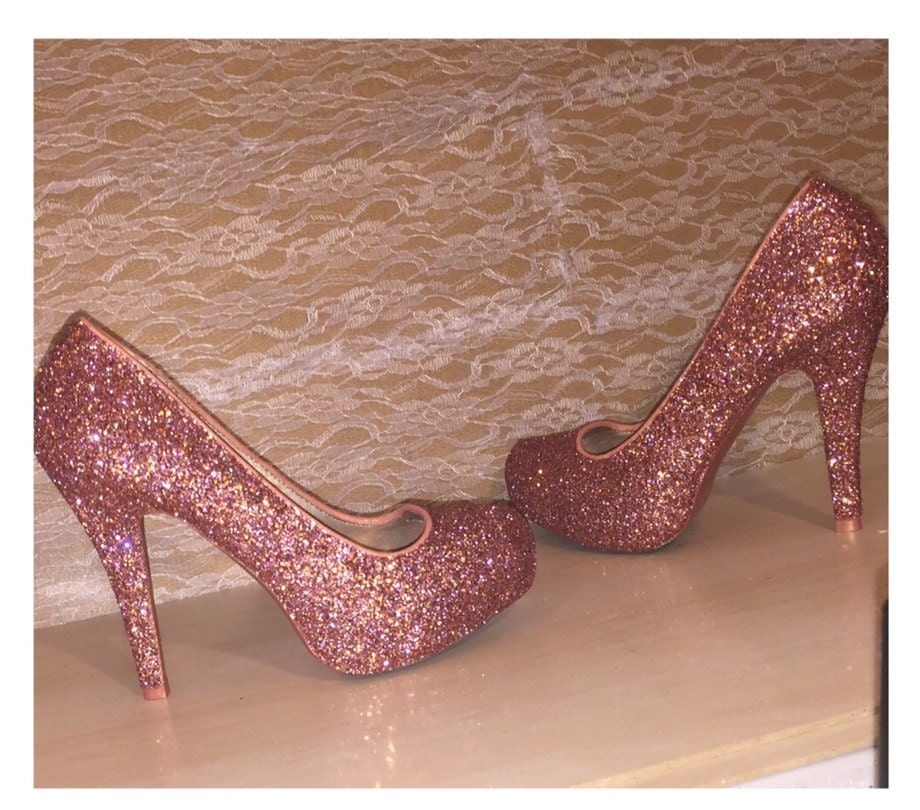 Womens metallic rose gold glitter peep toe pumps by CrystalCleatss