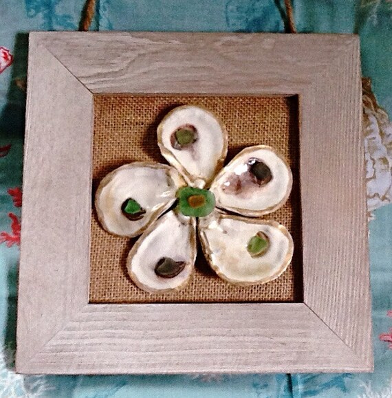 Flower power sea glass oyster shell art burlap by EbbTideArts