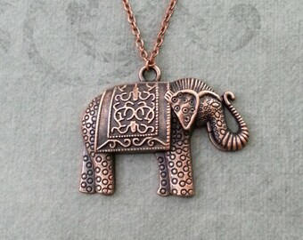 Elephant Necklace LARGE Elephant Jewelry Copper Elephant Pendant Necklace Indian Elephant Charm Necklace Ornamental Engraved Carved Elephant