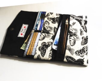 Women's Butterfly Black and Off White Tri Fold Wallet