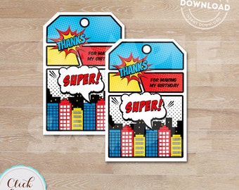 Superhero Favor tags, Super hero Thank you Tags, Superheroes Gift Favors, Birthday party decorations, Party supplies, INSTANT DOWNLOAD
