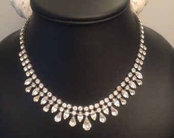Vintage 1940's Weiss Rhinestone Bib Necklace - Signed Weiss / Clear Rhinestone Statement Necklace / Wedding Necklace
