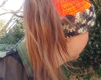 Orange Camo Hunting Hat, Crochet Ponytail Beanie, Pony Tail Messy Bun Toboggan, Safety Orange Handmade Ear Warmer, Hunting Gifts for Her