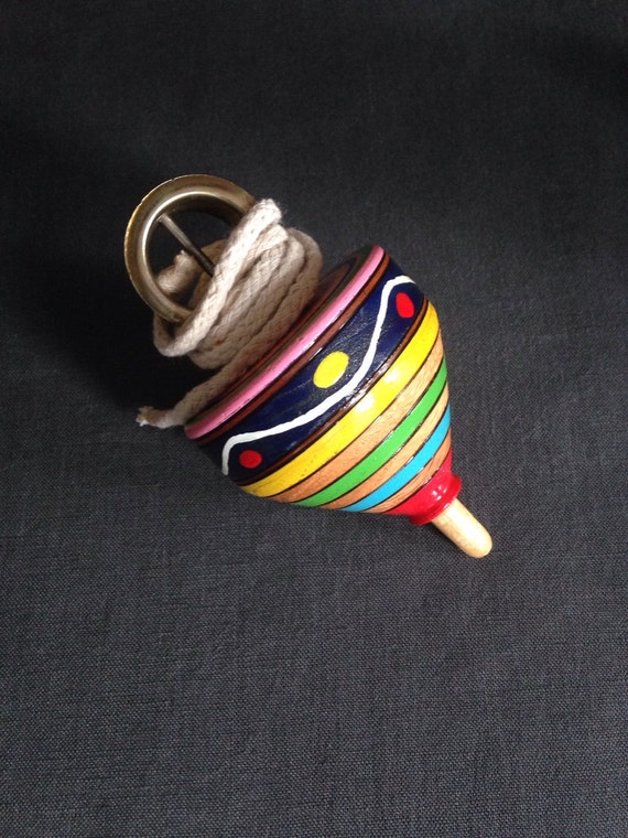 Toy SPINNING TOP Vintage Beautiful Painted Wood w/Cord on