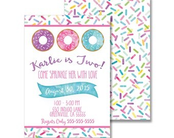 Donut Birthday Invitation (front and back) - 5x7 Customized Printable modern watercolor doughnut sprinkle fun sweetshop sweets preppy pink