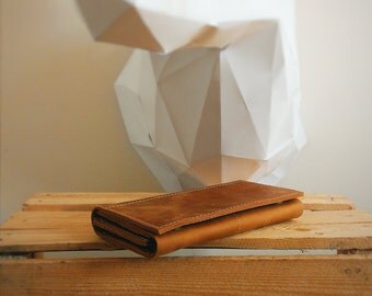 Handmade big LEATHER WALLET in orange color / iPhone wallet case on magnets in vintage style