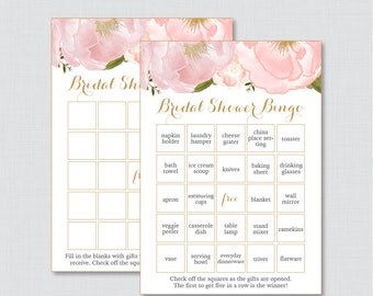 Pink and Gold Floral Bridal Shower Bingo Printable - 60 Unique Pre-filled Bingo Cards AND Blank Cards - Blush Pink Gold Bridal Bingo 0007