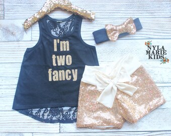 Second Birthday Outfit Girl, Baby Girl Second Birthday Outfit, I'm Two Fancy, Toddler Birthday, Baby Sequin Shorts, Baby Girl 2nd Birthday