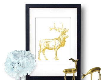 Elk Print, hunting art, Gold Foil print, Elk Art, Hunting decor, Nature Gift Idea, Elk Poster, nature print