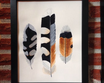American Kestrel watercolor print, feathers, three feathers, tribal art, original art feather painting, gallery wall, native american art