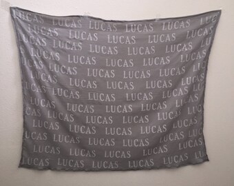 Now 47x47 Hand stamped cotton muslin wrap swaddling blanket- customizable with name only personalized baby blanket car seat / nursing cover