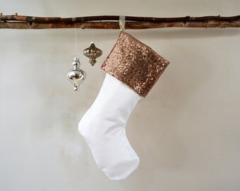 White Matte Satin Christmas Stocking w/Shiny Blush Sequin Cuff, Shiny Sequin, Matte Satin, Matte Sequin