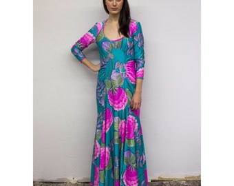 Vintage Tropical Floral Goddess Gown 70s 1970s Stretch Nylon Ruched Aqua & Pink Mermaid Maxi Dress by Robert David Morton M Md Medium