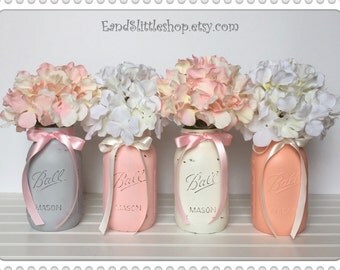 Mason Jars Sets-Wedding Centerpieces-Home Decor-Shabby Chic Decor-Vintage-Mason Jars Centerpiece-Country Decor-White-Pink-Gray-Coral-Peach