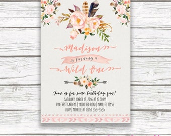 Wild One Birthday Invitation, Boho Birthday Invitation, Girl First 1st Birthday Invite, Feather Tribal Arrow Printable Birthday Party Invite