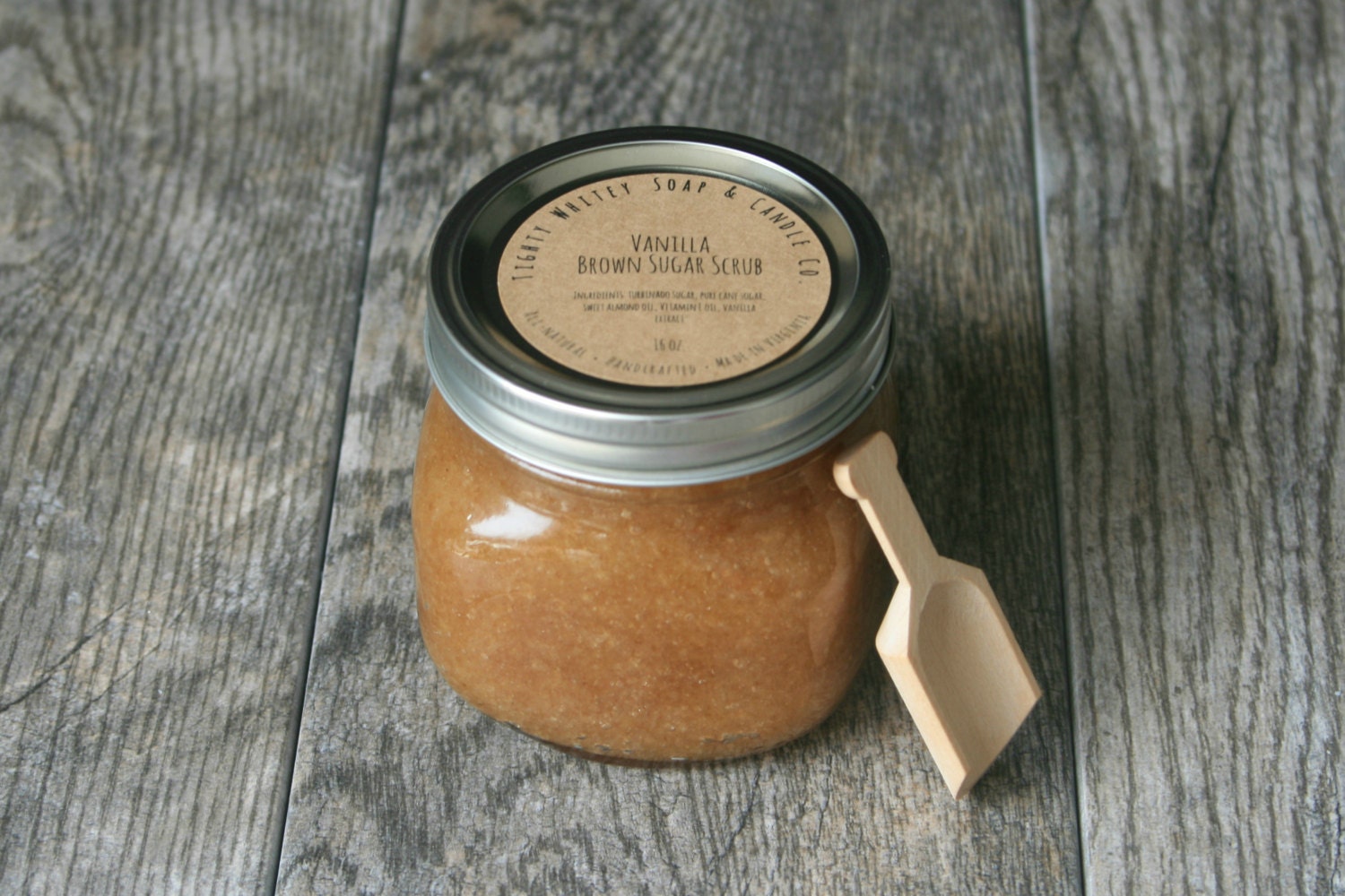 16 oz. Vanilla Brown Sugar Scrub Mason Jar Wood Spoon