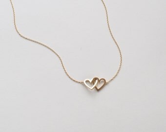 20% OFF Simple Double Heart Necklace, Dainty Heart Link Necklace, Minimal Layering Heart Necklace in Silver, Gold, Rose Gold #D96