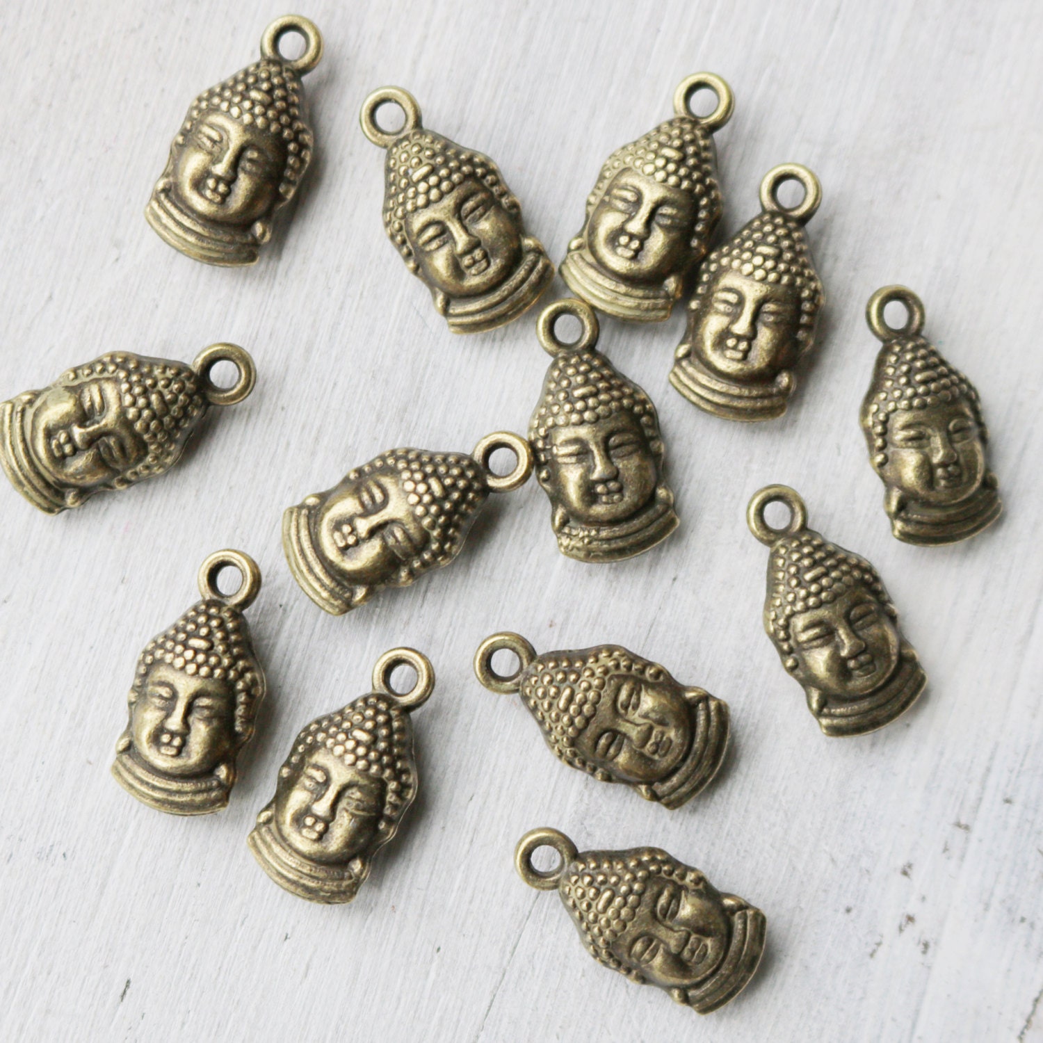 Set of 10 Buddha Head Charm Double Sided Antique Bronze Hindu