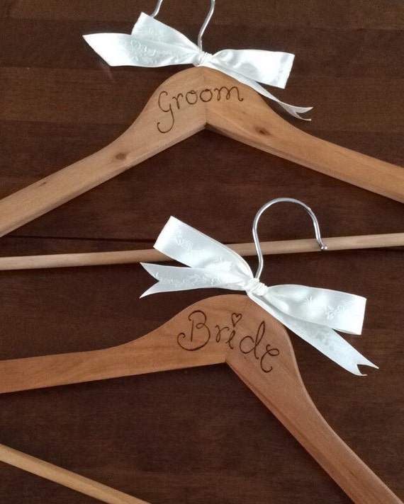 Bride and Groom Personalised Wooden coat hangers with the