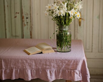 Stone washed linen tablecloth with ruffles. 9 colours. White, grey, natural, blue, pink, woodrose. Custom linens.