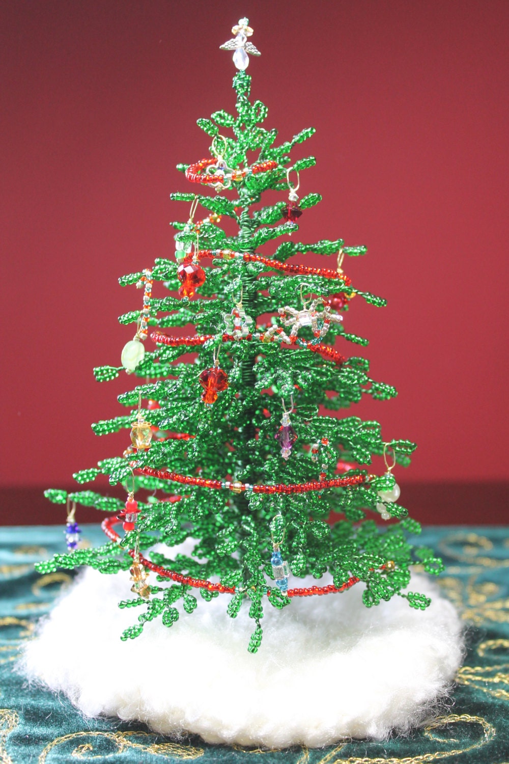 Handmade Miniature Beaded Christmas Tree with Crocheted Skirt