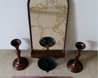 vintage wooden and twisted metal rope mirror wall sconce and pair of 2 metal woodgrain taper candle holders - candlesticks art deco rustic