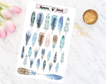 Feathers Blue soft watercolor planner stickers boho