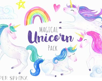 Rainbow Unicorn Clipart | Watercolor Unicorn Clip Art - Magical Fairytale Graphics - Girly Hearts, Stars, Clouds - Digital PNG Files