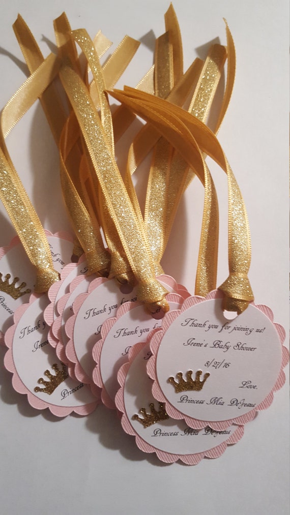 pink and gold glitter baby shower favor tags princess party