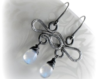 Moonstone Chandelier Earrings, Moonstone Jewelry, Gift for Her, Oxidised Sterling Silver Earrings, Handmade Dangle Earrings by Blissaria
