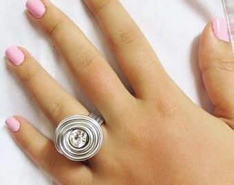 Silver Crystal Ring, Clear Crystal Ring, Wire Silver Ring, Wire Wrapped Ring, All Sizes Ring, Bridesmaud Gift, Unique Ring, Clear Swarovski