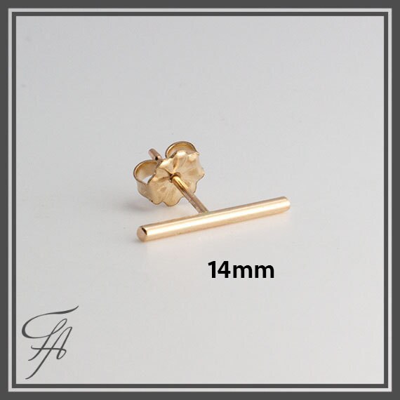 Gold Stud Earrings Extra Long Bar 14mm T Gold Bar
