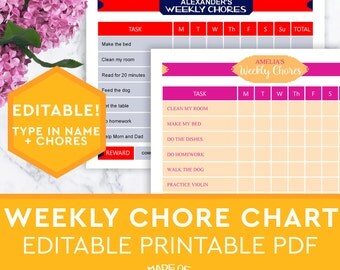 Chore Chart Printable - weekly kid's chore checklist, home organization printable, children's responsibility reward chart - EDITABLE