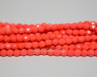 4MM, Coral, Round Faceted, Fire Polished Czech Glass Beads - 50 Beads