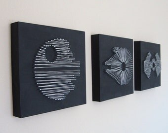 Set of Star Wars Death Star Millennium Falcon Tie Fighter Nail and String Wall Art Shelf Art