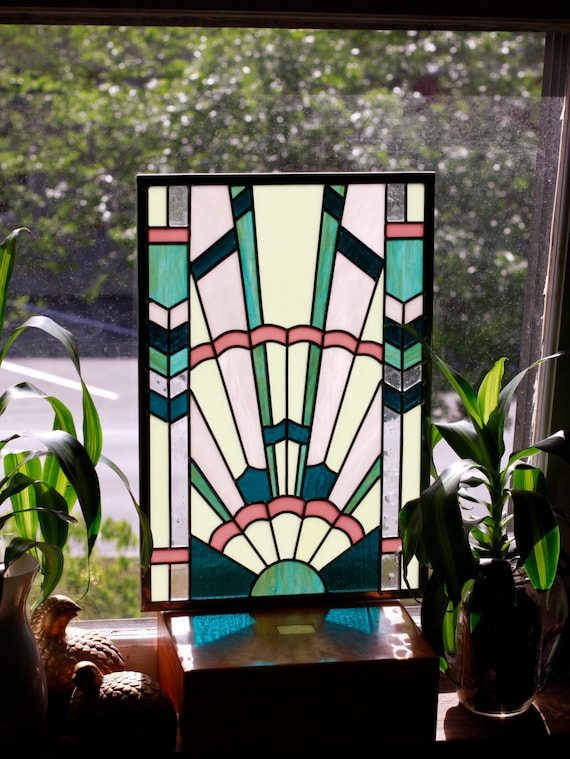 Art Deco Stained Glass Window Panel In Pastel Colors 5958