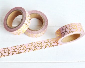Pink and Gold Washi Tape. 15mm x 10m. Gold Foil Washi. Pink Crackle Washi. Pink Washi Tape. Pink Planner Supplies. Gold Planner.