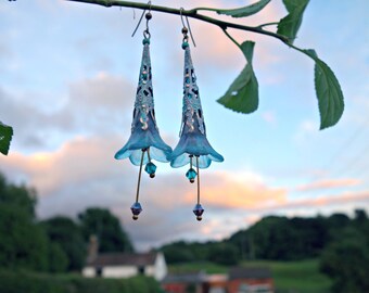 Victorian Earrings - Flower Earrings - Blue Earrings - Floral Earrings - Long Earrings - Vintage Style Dangle Drop Earrings - Boho Earrings.