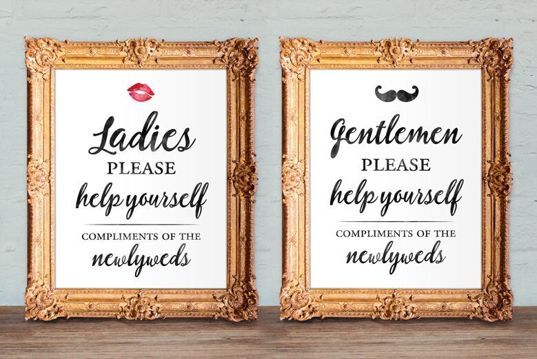 Wedding bathroom basket signs womens and mens hospitality