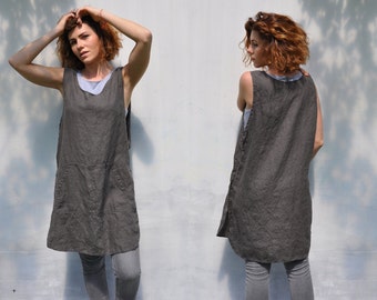 Linen apron. Smock apron, linen apron dress, full apron.