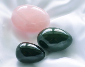 Yoni Eggs 3-pcs Set Bundle, Rose Quartz (Large), Nephrite Jade (Medium) and Obsidian (Small), Predrilled or Undrilled, Certified