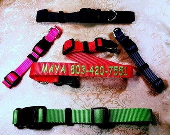 PERSONALIZED EMBROIDERED Dog Collars, Custom Made Sizes ,11 Colors, ,Heavy Nylon,All Sizes, (Ships in 2 days or Less)
