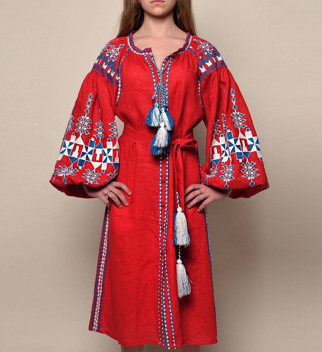 Ukrainian vyshyvanka midi dress Trembita in red