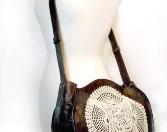 Brown Leather Crossbody Boho Bag with Vintage Crochet Lace Doily and Small Skeleton Key - Round Leather and Lace Purse MADE TO ORDER