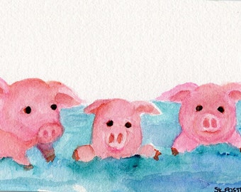 Pigs watercolor painting original, cute piggies swimming, watercolor painting of pigs, Pink Pig Art, pigs in ocean